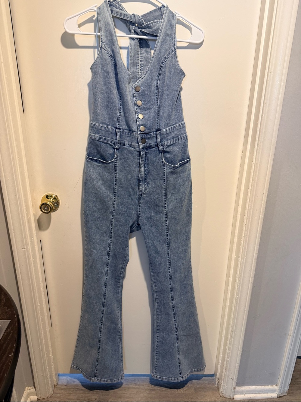 EB LUXE Los Angeles Denim Halter Jumpsuit SizeS Flare Leg Light WashY2K NWT $110